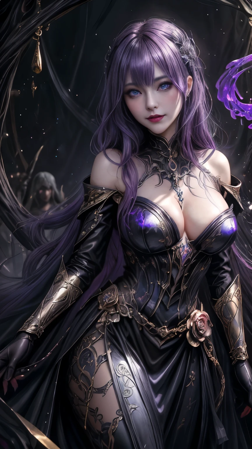 強力なスーパーevil女がクローズアップでポーズをとる, Black Goddess (Exposing shoulders), length, Flowing purple hair, View your audience, Highly detailed face, Perfect hands, Blue smoke swirling around her, evil事を愛する, Captivating blue eyes, Dark fantasy,  ， realistic girl rendering, 8k artistic german bokeh, Enchanting girl, Real Girls, Gurwitz, Gurwitz-style artwork, Girl Roleplay, Realistic 3D style, cgstation Popular Topics,, 8K Portrait Rendering,（truth，truth：1.4）、Genuine, Symmetric, Attention to detail, Esoteric arachnids lady, Spider Queen Elise, League of Legends, Esoteric arachnids, Combat Stance, ( The body is made with liquid metallic paints in metallic mauve and metallic black....、It beautifully depicts the female form....。), length, Sharp Fangs, nature, ((Complex metallic colors in the foreground)), (( Fluid Mechanics, The most beautiful smooth scale face makeup, Smirking expression)) - Dark blood, Onyxia、Noir painting of a beautiful young witch, length purple hair, dark purple lips, evil, evil女, smile, Black Prom Dress, She is coming to you, close, Bright Blue Eyes, Surrounded by swirling pink smoke, Genuine, Attention to detail, Highest quality