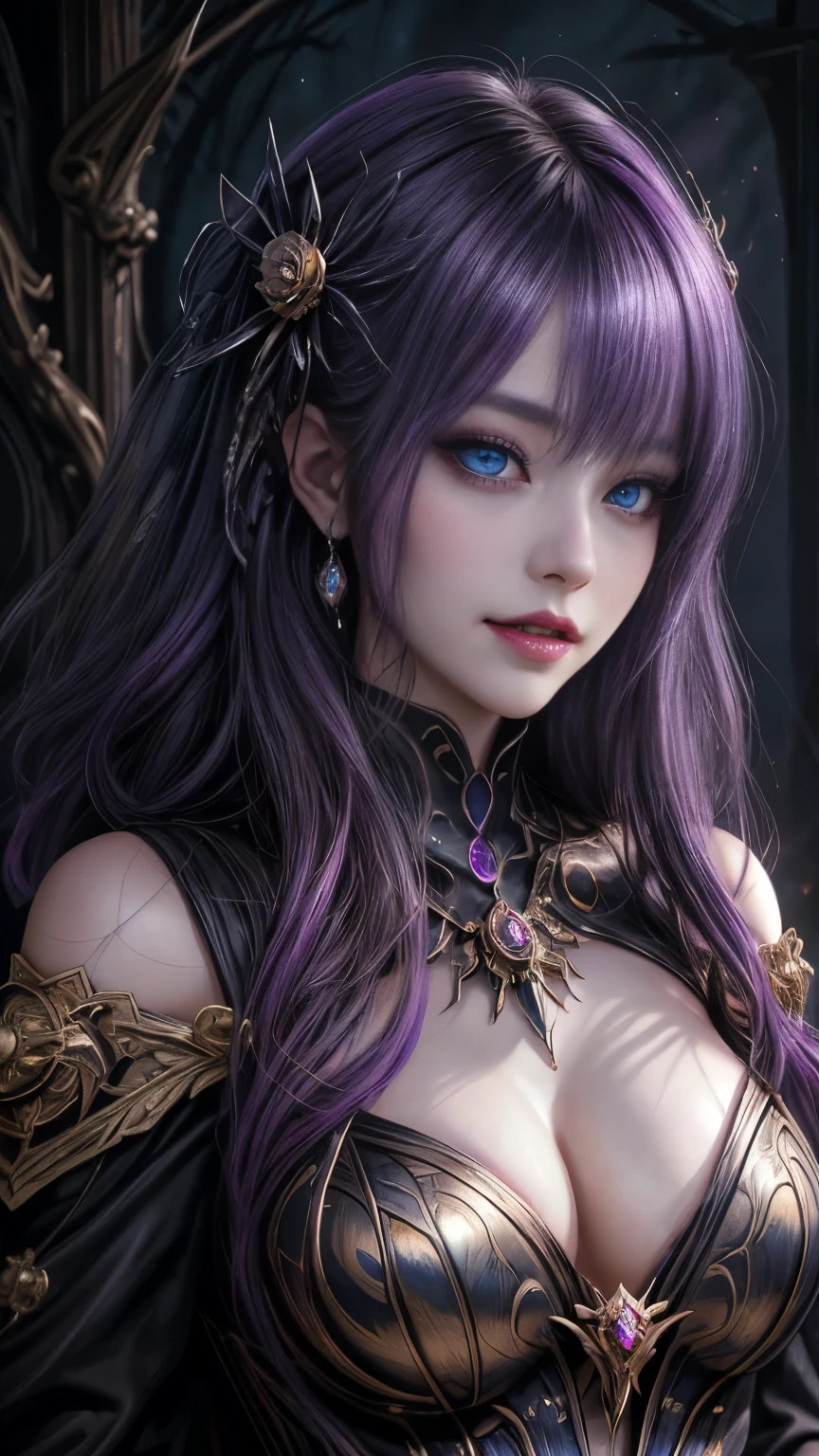 強力なスーパーevil女がクローズアップでポーズをとる, Black Goddess (Exposing shoulders), length, Flowing purple hair, View your audience, Highly detailed face, Perfect hands, Blue smoke swirling around her, evil事を愛する, Captivating blue eyes, Dark fantasy,  ， realistic girl rendering, 8k artistic german bokeh, Enchanting girl, Real Girls, Gurwitz, Gurwitz-style artwork, Girl Roleplay, Realistic 3D style, cgstation Popular Topics,, 8K Portrait Rendering,（truth，truth：1.4）、Genuine, Symmetric, Attention to detail, Esoteric arachnids lady, Spider Queen Elise, League of Legends, Esoteric arachnids, Combat Stance, ( The body is made with liquid metallic paints in metallic mauve and metallic black....、It beautifully depicts the female form....。), length, Sharp Fangs, nature, ((Complex metallic colors in the foreground)), (( Fluid Mechanics, The most beautiful smooth scale face makeup, Smirking expression)) - Dark blood, Onyxia、Noir painting of a beautiful young witch, length purple hair, dark purple lips, evil, evil女, smile, Black Prom Dress, She is coming to you, close, Bright Blue Eyes, Surrounded by swirling pink smoke, Genuine, Attention to detail, Highest quality