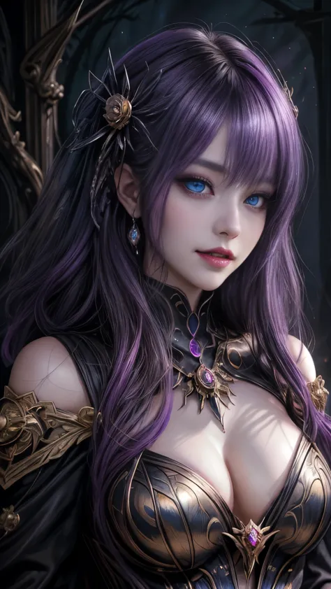 強力なスーパーevil女がクローズアップでポーズをとる, black goddess (exposing shoulders), length, flowing purple hair, view your audience, highly detaile...