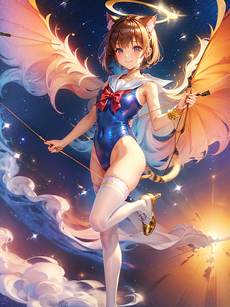 Highest quality,Highest Resolution,Masterpiece,(((A beautiful girl in a sailor leotard with a smile on her face))),High leg,Frills,White knee-high stockings,,Red tie,(((Cat ear))),(((Halation))),Brown hair short bob,(((Elaborate:archery))),White angel wings on the back,universe,Milky Way,Meteor,dark,Bow of Light,whole body,Bow of Light,A distant view,Side view,(((Draw the bow))),Halo,弓を引いている,