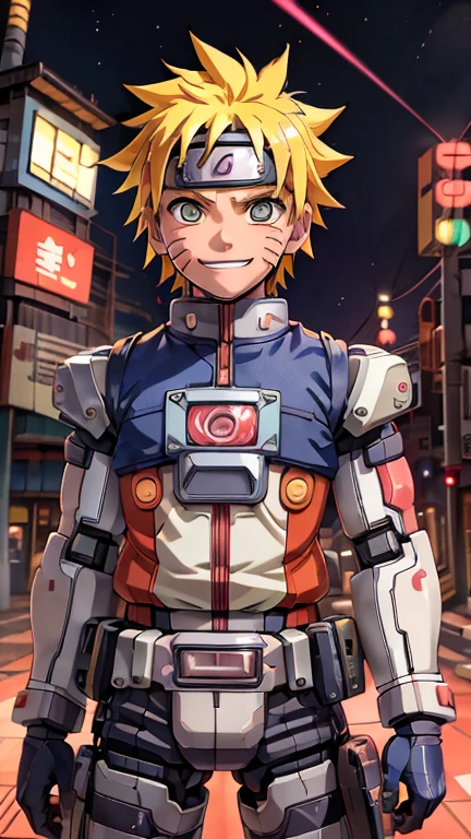 (8K),(obra de arte),(japonês),( Garoto),((olhar inocente)),((Infantil)),Da frente,sorriso,bonitinho,inocente,Olhos gentis,Peito plano, Uzumaki Naruto,Mecha,camisa,cabelo amarelo,vento forte,noite,Escuro, Vila cyberpunk de Konoha com luz neon