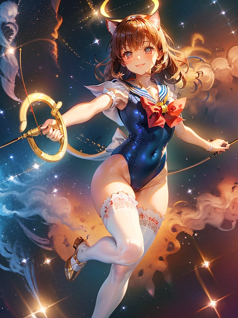 Highest quality,Highest Resolution,Masterpiece,(((A beautiful girl in a sailor leotard with a smile on her face))),High leg,Frills,White knee-high stockings,,Red tie,(((Cat ear))),(((Halation))),Brown hair short bob,(((Elaborate:archery))),White angel wings on the back,universe,Milky Way,Meteor,dark,Bow of Light,whole body,Bow of Light,A distant view,Side view,(((Draw the bow))),Halo,弓を引いている,