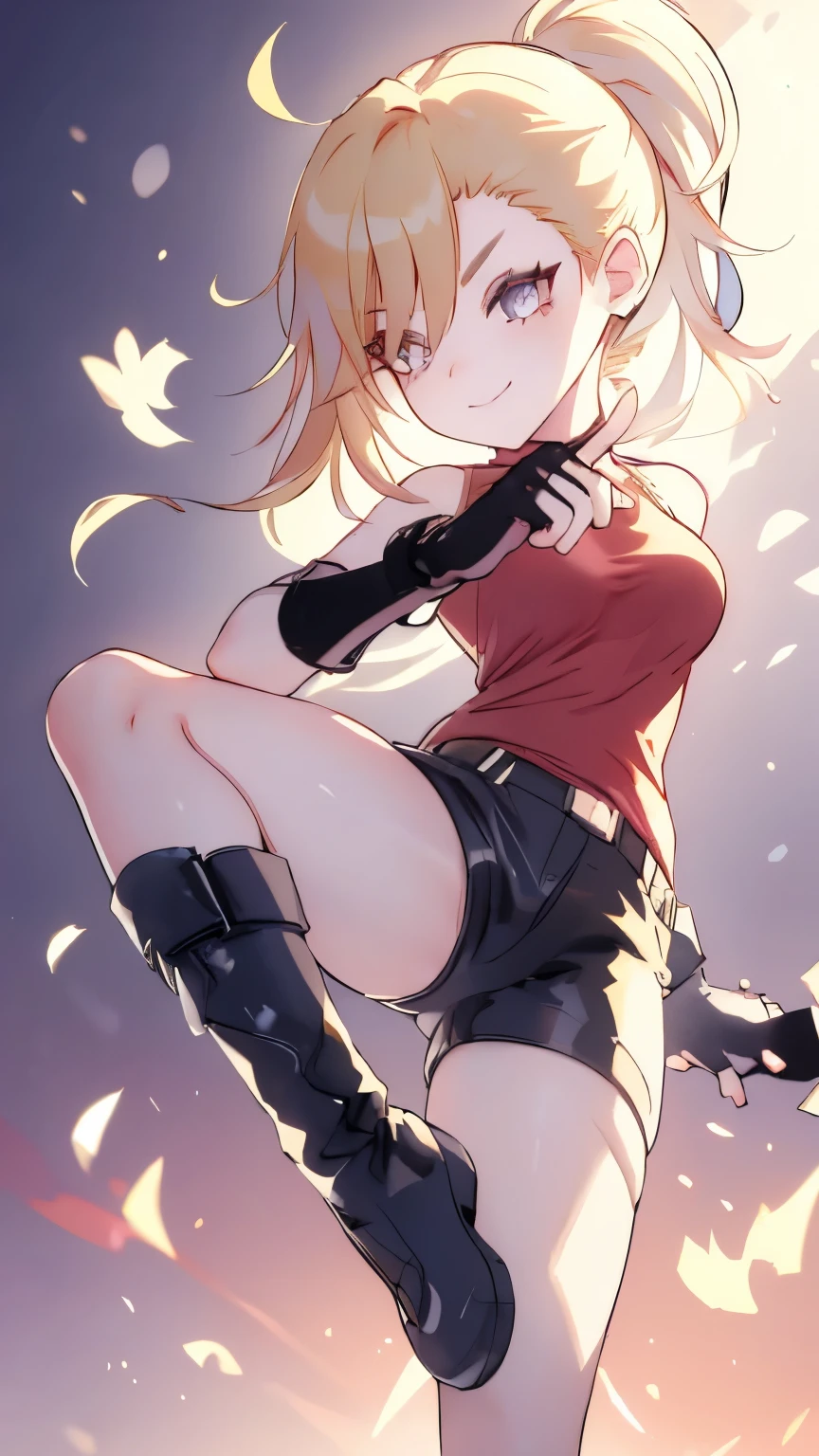 (best quality:1.2),solo,1girl,mdrin,smile,looking at viewer ,lovely pose, ponytail,v-shaped eyebrows,red shirt, fingerless gloves,black shorts , garden background, warm color tones,soft lighting, Hair over one eye, ultra long hair, standing on hooftop, long boots, long ponytail, blonde 