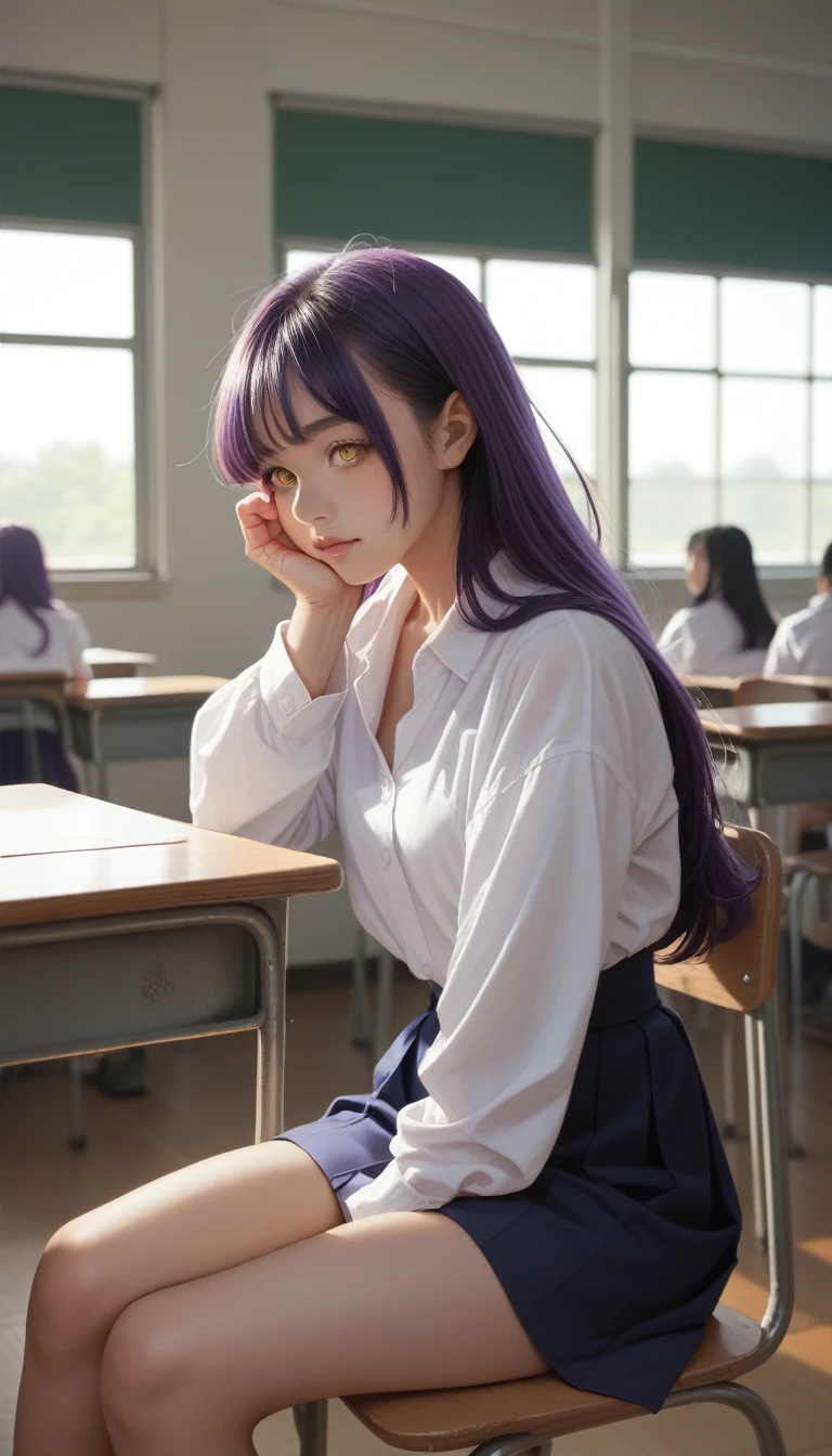 score_9_up, score_8_up, score_7_up, score_6_up,1 Girl, Long midnight purple hair, Golden light eyes, Sitting in the classroom, White modern school, Japanese cartoons