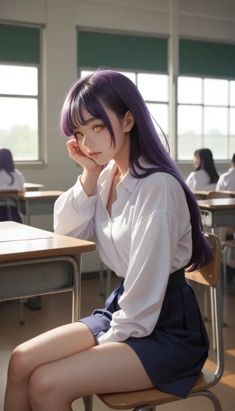 score_9_up, score_8_up, score_7_up, score_6_up,1 girl, long midnight purple hair, golden light eyes, sitting in the classroom, w...