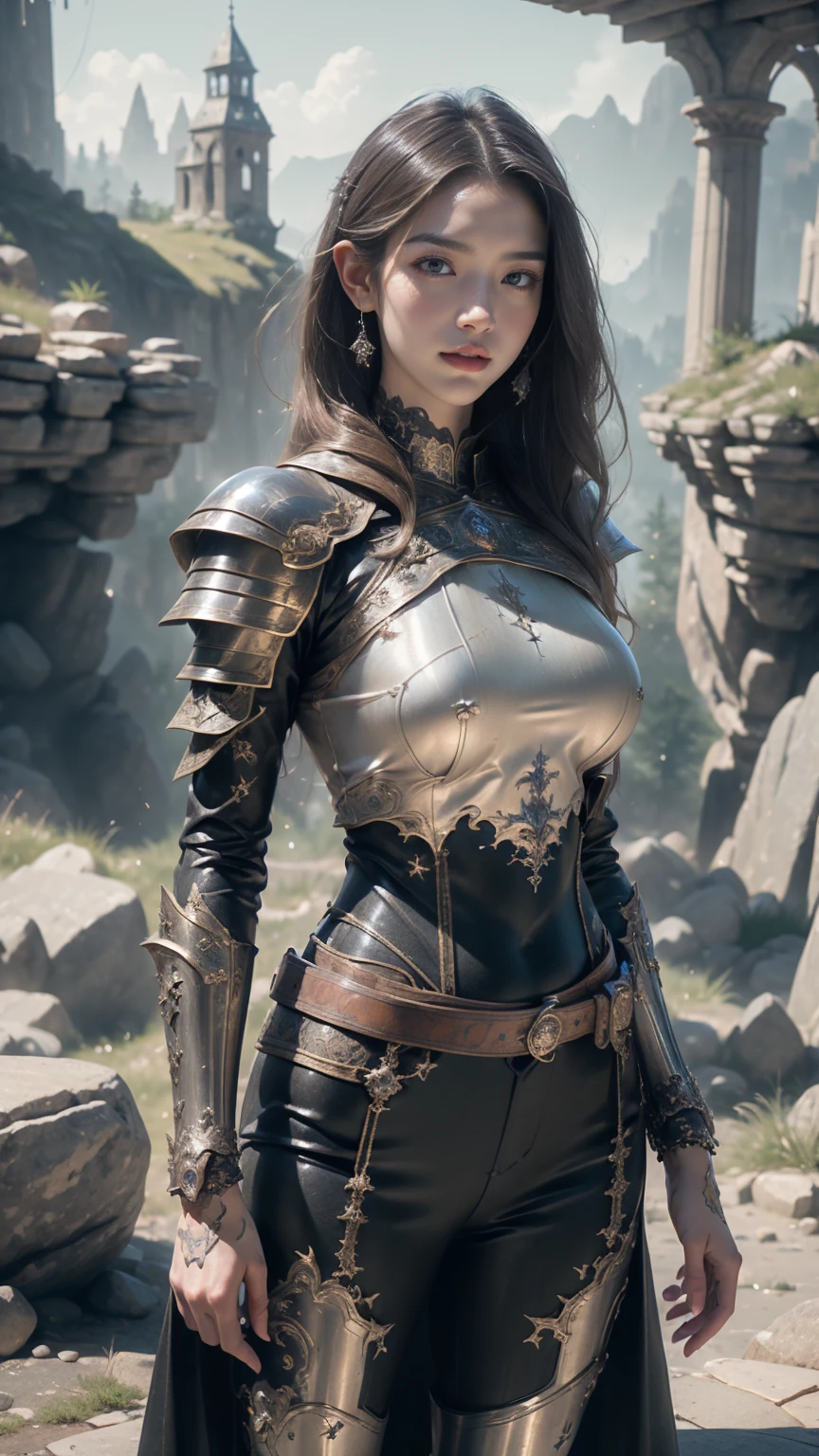 ((Front facing)), Game art，The best picture quality，Highest resolution，32K，(A bust photograph)，(Portrait)，(Head close-up)，(Rule of thirds)，Unreal Engine 5 rendering works， (The Girl of the Future)，(Female Warrior)， 20-year-old girl，sexy,  elegant smile, short hair, ((Hunter, Marshal gunslinger))，An eye rich in detail，(Big breasts)，Elegant and noble，indifferent，brave， （Medieval-style fur combat clothing, sexy lace top，Glowing magic lines，Animal skin clothing with rich detailedieval Lady Knight，Medieval ranger， photo poses，simple background，Movie lights，Ray tracing，Game CG，((3D Unreal Engine))，OC rendering reflection pattern