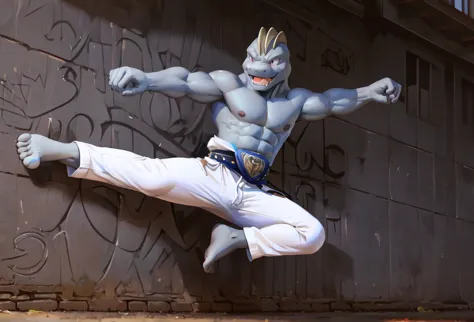 (((barefoot furry character, full body, cinematic setting, furry male, plantigrade))) 

(((machoke))) as capoeira fighter, ((pok...