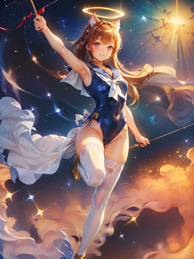 Highest quality,Highest Resolution,Masterpiece,(((A beautiful girl in a sailor leotard with a smile on her face))),High leg,Frills,White knee-high stockings,,Red tie,(((Cat ear))),(((Halation))),Brown hair short bob,(((Elaborate:archery))),White angel wings on the back,universe,Milky Way,Meteor,dark,Bow of Light,whole body,Bow of Light,A distant view,Side view,(((Draw the bow))),Halo,弓を引いている,