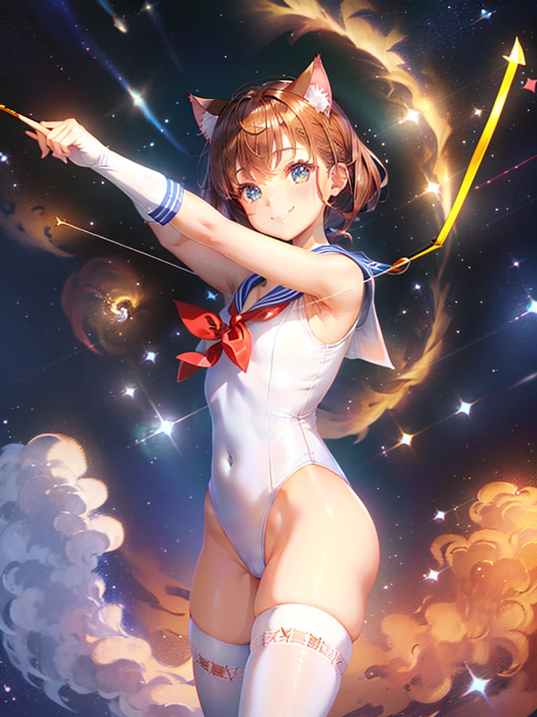 Highest quality,Highest Resolution,Masterpiece,(((A beautiful girl in a sailor leotard with a smile on her face))),High leg,Frills,White knee-high stockings,,Red tie,(((Cat ear))),(((Halation))),Brown hair short bob,(((Elaborate:archery))),White angel wings on the back,universe,Milky Way,Meteor,dark,Bow of Light,whole body,Bow of Light,A distant view,Side view,(((Draw the bow))),Halo,弓を引いている,