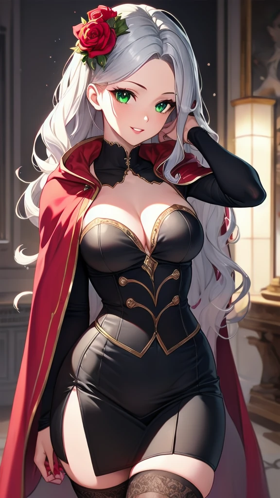 masterpiece, best quality, solo girl, gray hair, green eyes, long hair, medium breasts, sexy body and face, wavy hair, smile, parted lips, red lips, ribbon, crown of thorns, thorns, (red cape, dress flower), detached sleeves, hair flower, hair ornament, long sleeves, black corset, long skirt, red dress, rose, strapless dress, long skirt, thighhighs, thighlet, red nails, dress flower, black thighhighs, mksks style, beautiful background, orchestra, indoors, sexy pose, cowboy shots, sharp focus, ultra-detailed body, face, and eyes, vibrant, creative, dynamic, high definition, high resolution, 8k, (Upscale: R-ESRGAN 4x+ Anime6mage enchance:4x), voluptuous body, cinema lighting, looking at the viewer, (realistic:1.4), (beautiful detailed face, beautiful detailed eyes, volumetric lighting), 