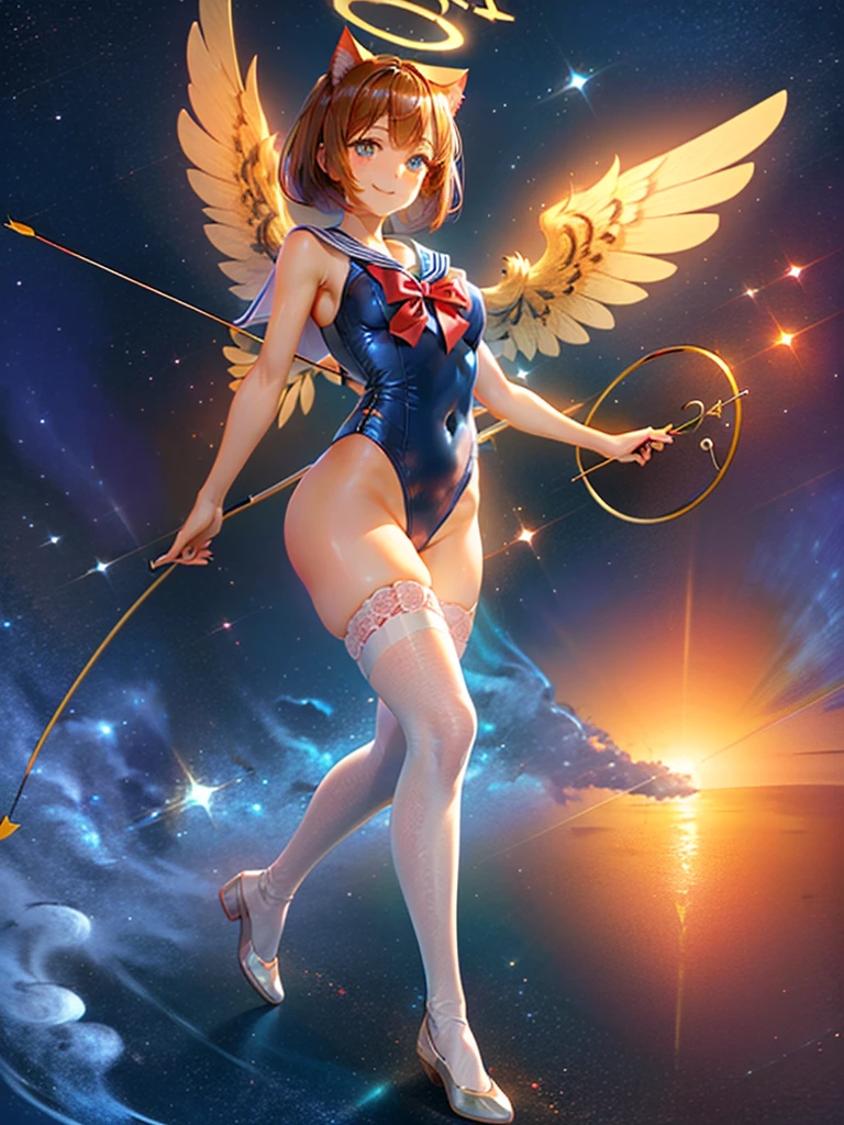 Highest quality,Highest Resolution,Masterpiece,(((A beautiful girl in a sailor leotard with a smile on her face))),High leg,Frills,White knee-high stockings,,Red tie,(((Cat ear))),(((Halation))),Brown hair short bob,(((Elaborate:archery))),White angel wings on the back,universe,Milky Way,Meteor,dark,Bow of Light,whole body,Bow of Light,A distant view,Side view,(((Draw the bow))),Halo,弓を引いている,