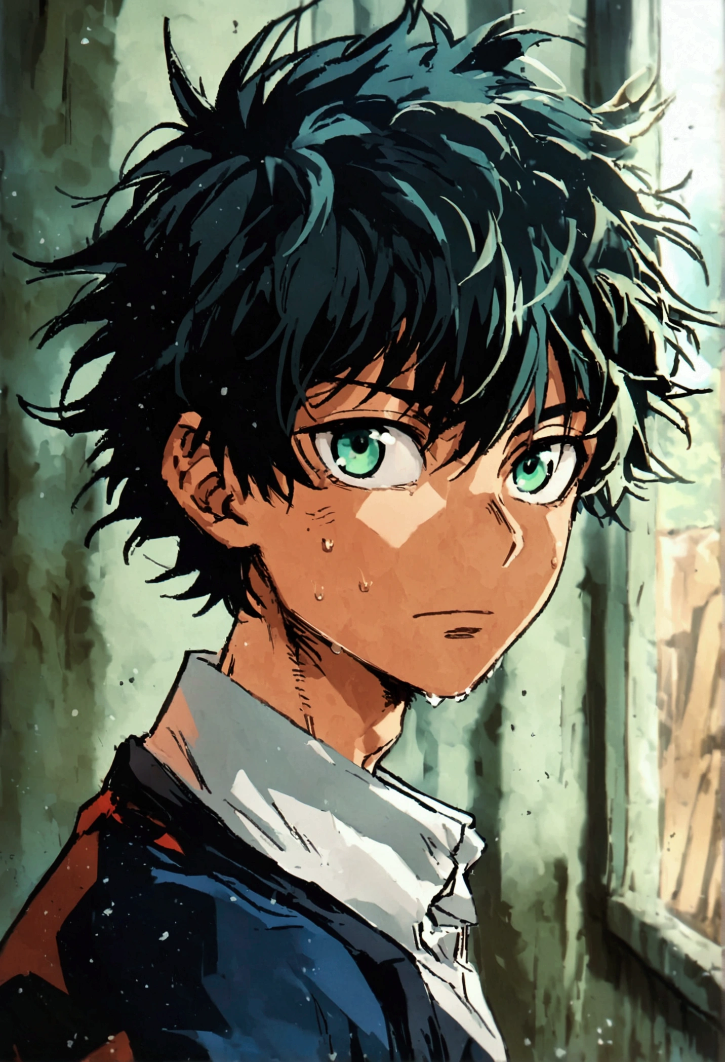 He is a 17 year old teenager, He has slightly disheveled very black hair..., somewhat light green eyes, (front angle ) , muscular body , He is dressed in the anime uniform. "my hero academia"