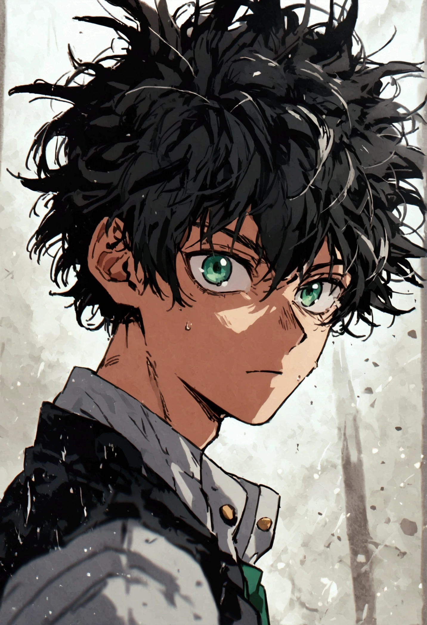 He is a 17 year old teenager, He has slightly disheveled very black hair..., somewhat light green eyes, (front angle ) , muscular body , He is dressed in the anime uniform. "my hero academia"