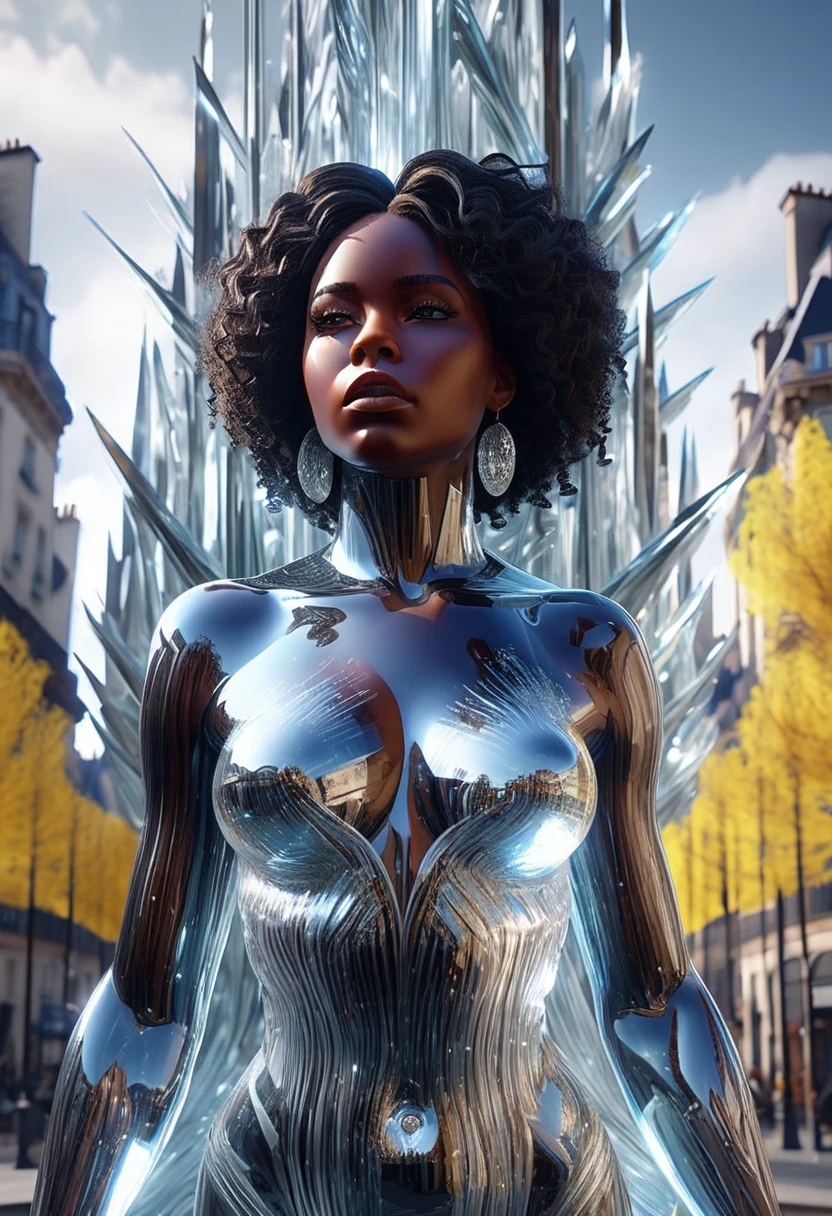 Glass sculpture of black woman in the middle of a glass sculpture city, 32k, ultra HD, unreal engine rendered, cinematic lighting 