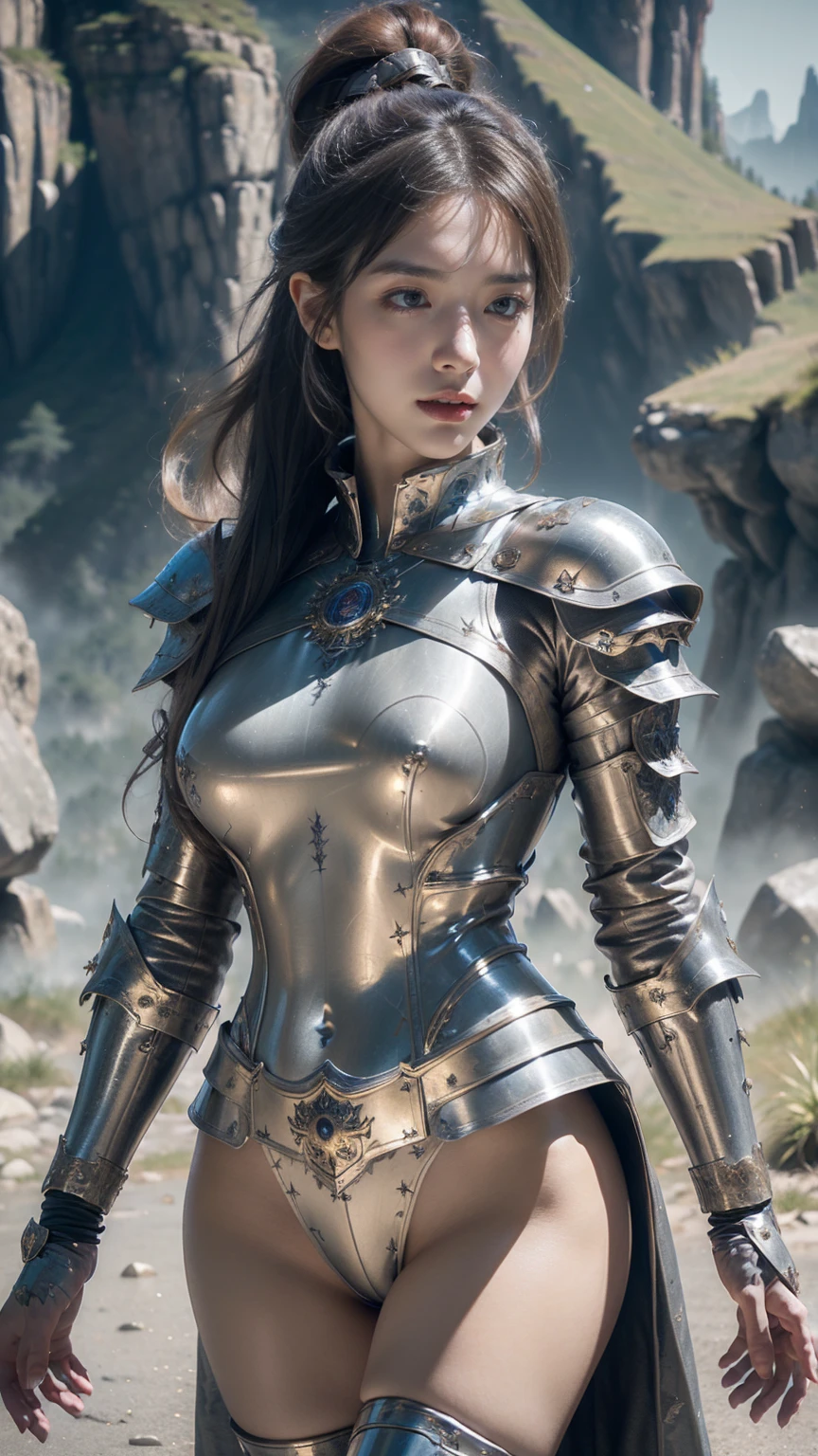 ((Front facing)), Game art，The best picture quality，Highest resolution，32K，(A bust photograph)，(Portrait)，(Head close-up)，(Rule of thirds)，Unreal Engine 5 rendering works， (The Girl of the Future)，beautiful face, (Female Warrior)， 20-year-old girl，sexy,  elegant smile, ponytail long hair, ((Hunter, Marshal gunslinger))，An eye rich in detail，(Big breasts)，Elegant and noble，indifferent，brave， （Medieval-style fur combat clothing, sexy lace top，Glowing magic lines，Animal skin clothing with rich detailedieval Lady Knight，Medieval ranger， photo poses，simple background，Movie lights，Ray tracing，Game CG，((3D Unreal Engine))，OC rendering reflection pattern