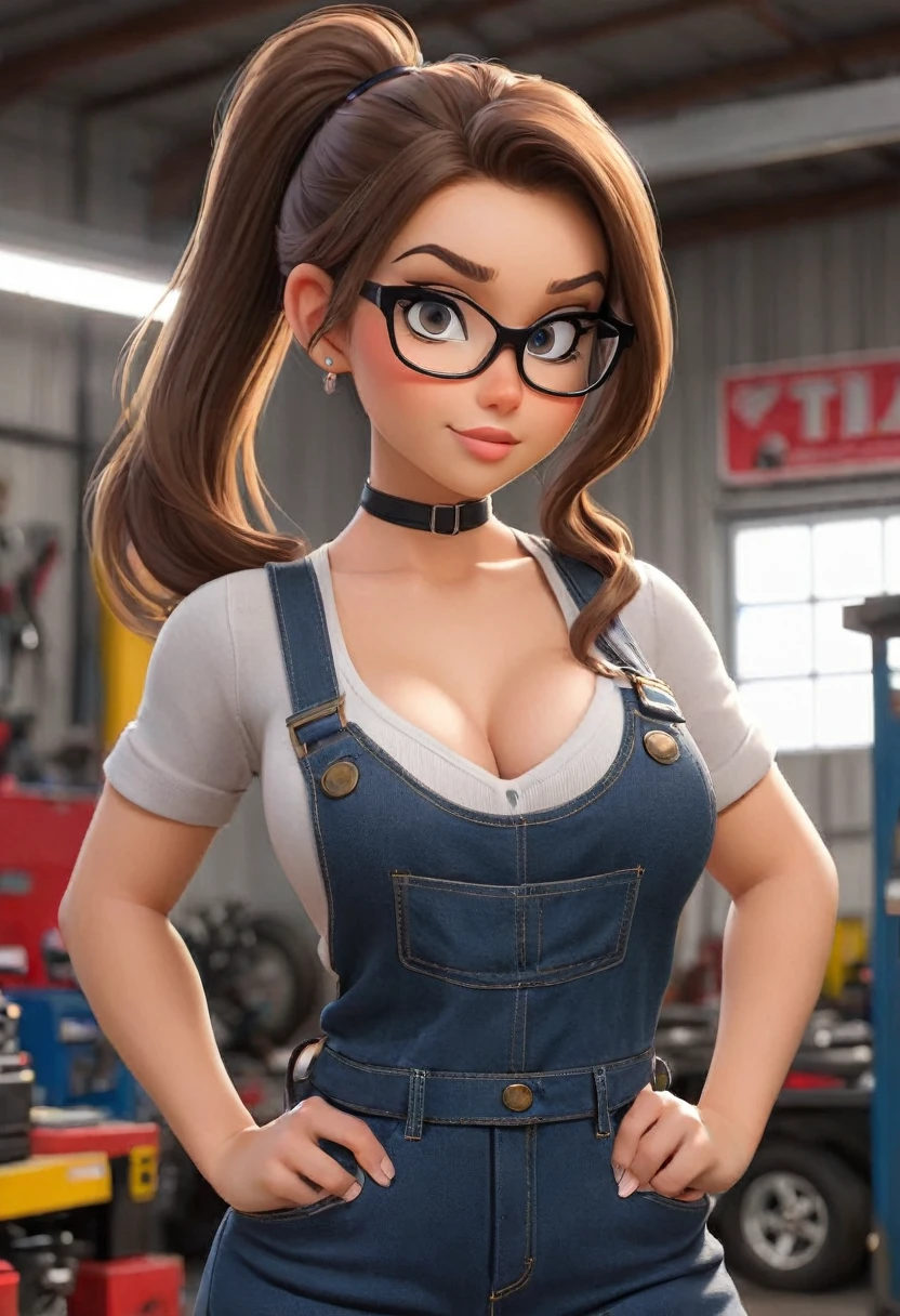  brown hair, ponytail, , huge breasts, cleavage, sexy mechanic, in a garage, (perfect hands:1.1)  (extreme far shot, full body, zoomed out:1.1) topless nude  just wear  black suspender with jumpsuit with blue jeans also wear round glasses black  perfect nipples tits