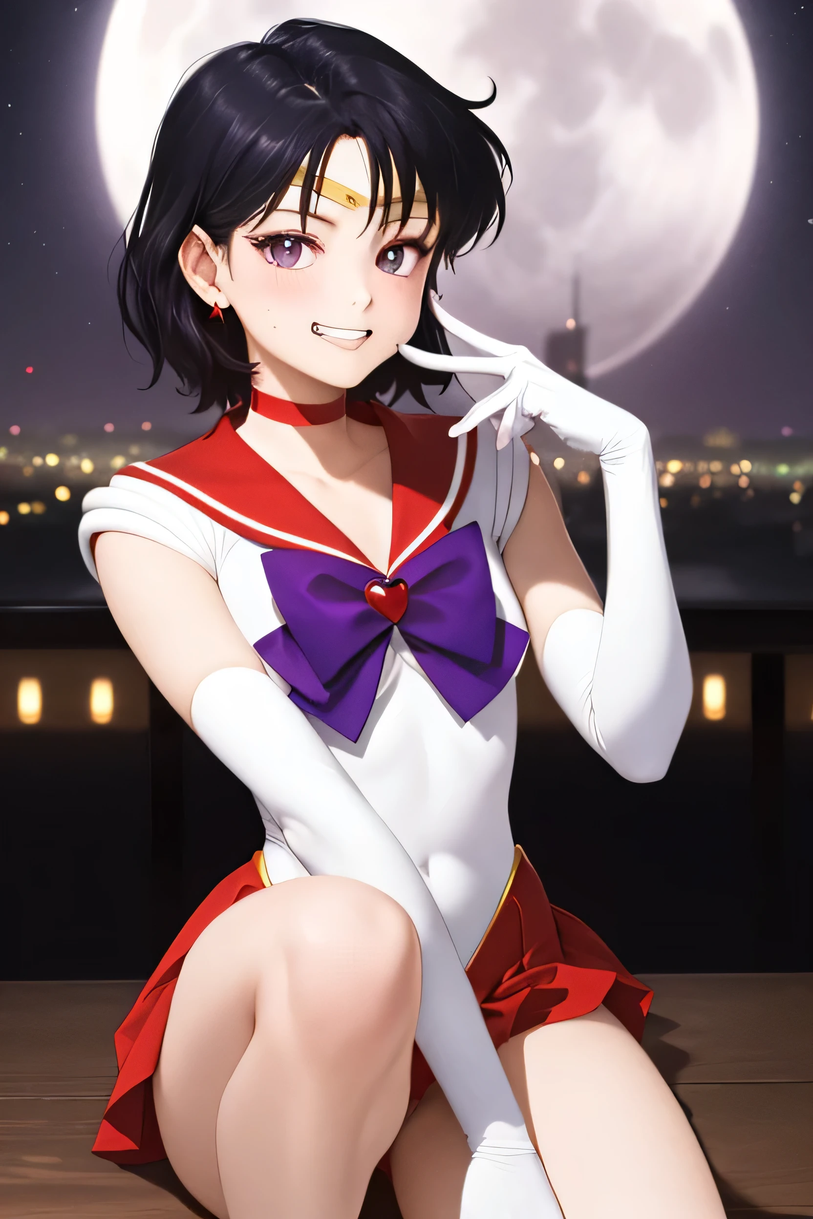 masterpiece, Highest quality, One girl, alone, In-person audience, (art：Naoko Takeuchi), rooftop, Skyline, night, fog, starry sky, full moon, Sailor Moon BREAK EPsmSailorMars, Red eyes, Half-closed eyes, Evil Face, Grin, Lips parted, Dark Skin, Purple Hair, short hair, Full make-up, Black eyeshadow, Red lipstick, mascara , bow, bowtie, purple bow, purple bowtie, chest, brooch, choker, elbow gloves, gem, gloves, heart, heart brooch,jewelry,red bow, red choker, red gemstone, Red Sailor Collar, shirt, Short sleeve, star (symbol), star choker, black gloves, Black leotard, black shirt BREAK leotard, mini skirt, Pleated skirt, Red Skirt, Knee socks
