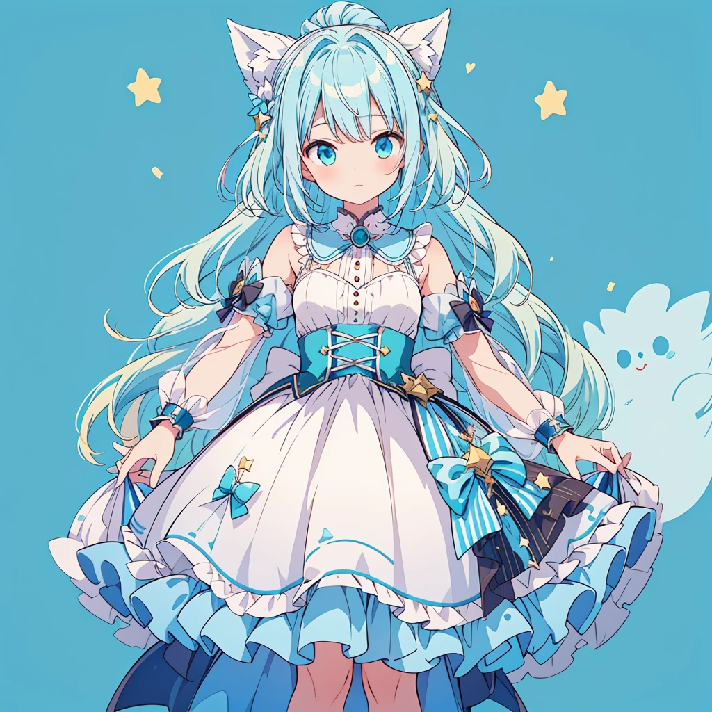 1girl、Star Fairy、Star incarnation、Character design front view、A picture facing the viewer、(((Super detailed、Highest quality、Masterpiece)))、Original cute hairstyle、Milky white and blue hair color、Simple Green Background、vtuber-fullbody,Alice、