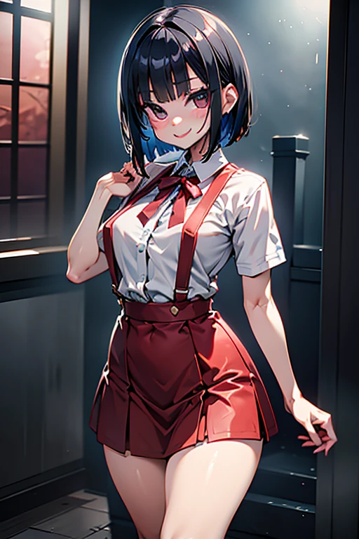 echo-san,  bob cut, black hair, short sleeve,
High resolution,Sharp focus,(Super detailed,Very detailed),(Very detailed CG unity 8k wallpaper),(((Vibrant colors))),{best illustration},
Complex eyes,Beautiful Eyes,Symmetrical eyes,Big eyes:1.5,Seductive eyes,((complete anatomy)),Perfect Fingers,(Detailed body),(Detailed face)), cute,small breasts,
shiny 肌,very shiny 肌,Shiny body,plastic glitter 肌,exaggerated shiny 肌,illuminated 肌,
dress shirt, red suspender skirt, short sleeve,　embarrassed,　smile,
Red glamorous dress,
Cathedral shining in the morning sun,Huge stained glass,Massive Gothic,It&#39;s so shining,Spotlight,sparkle, light particles,Medieval European style,
