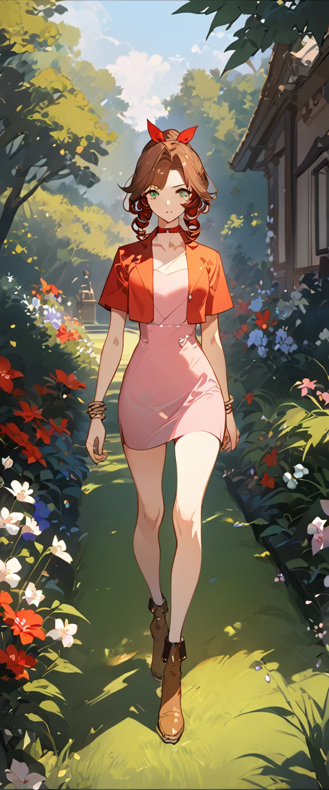 masterpiece, best quality, 8k, 4k, 1girl, aerith gainsborough, brown hair, longer side curly bang, long tight curly ponytail, green eyes, red hair ribbon, red bolero jacket, short sleeve jacket, cropped jacket, black tie choker, long pink straight dress, brown boots, bangles, walking in a garden, flowers, detailed background,, inspired by Asukaziye artist : ask, art style : ask