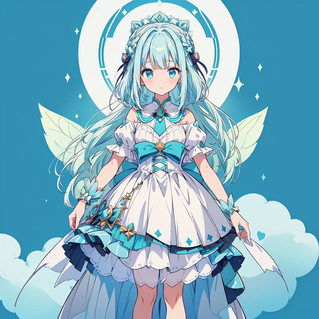 1girl、Star Fairy、Star incarnation、Character design front view、A picture facing the viewer、(((Super detailed、Highest quality、Masterpiece)))、Original cute hairstyle、Milky white and blue hair color、Simple Green Background、vtuber-fullbody,Alice、