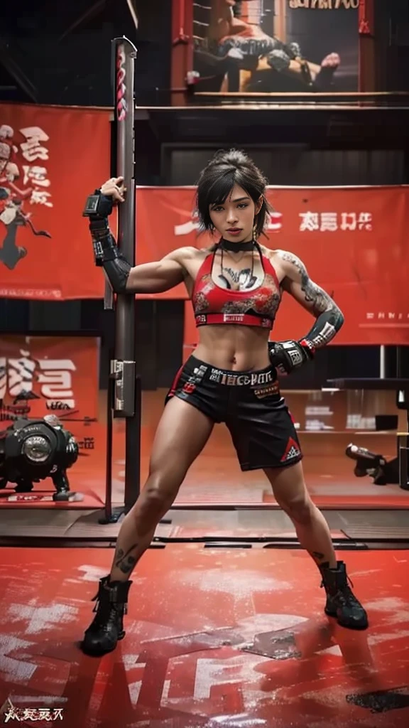 Beautiful Japanese female, (16 years old), Mixed Martial Arts trainer, (revealing casual clothing:1.3), (MMA gloves), fit, (muscles:1.2), athletic feminine body, female fitness model body, private MMA octagon background, masterpiece, perfect lighting, ultra high resolution, 8K, she trains men in MMA for a living, she is an exceptional MMA fighter, hard toned feminine body, short hair, bob cut, (hair color is pink:1.2), (sexy smile for the camera:0.7), (very sexy pose), (holding a very large weapon in her hands, holding a very large weapon in her hands, standing with a very large weapon, brandishing a very large weapon:1.3), (tattoos, Japanese tattoos on 60% of her body:1.5), red lips, red high heels, choker, necklace, earrings, (highly detailed:1.4), front view, looking at the camera, pensive expression,