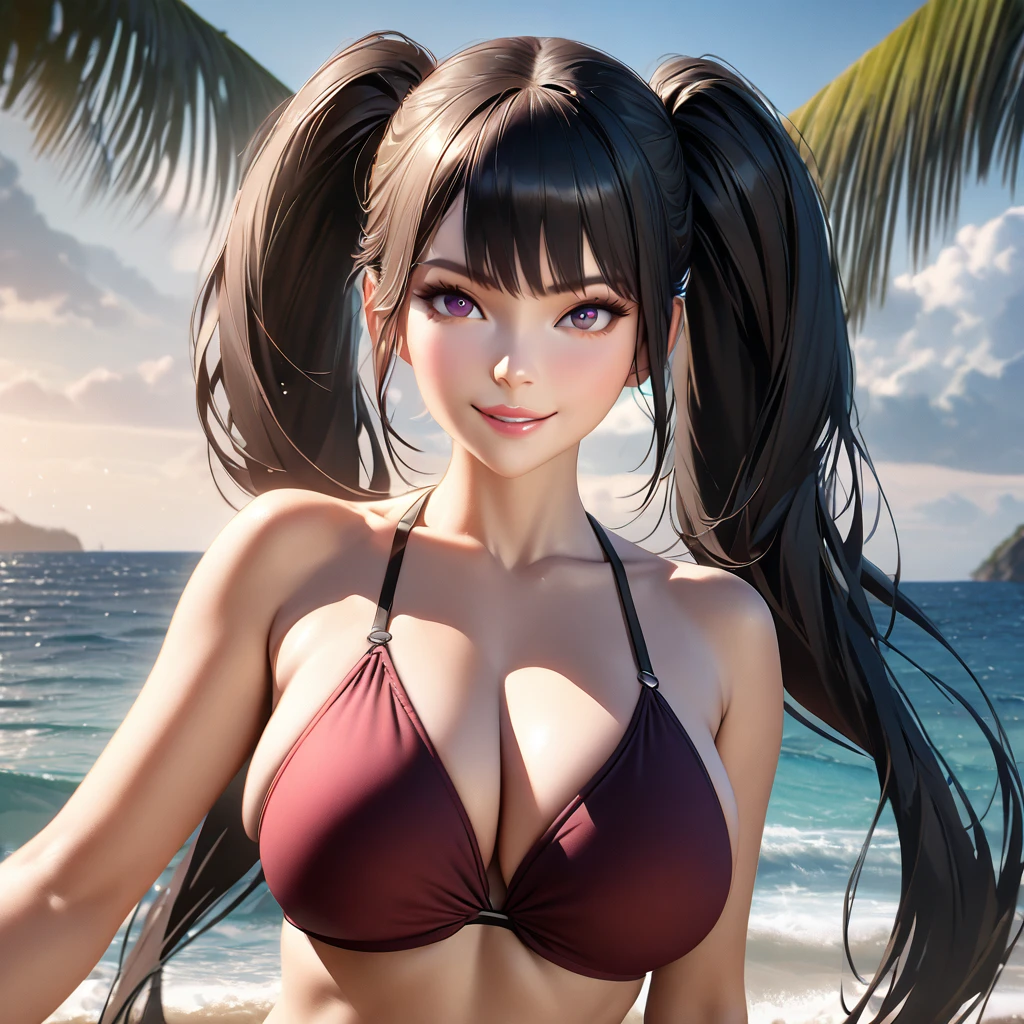 A woman wearing a burgundy beach bikini, burgundy eyes, black hair, long hair, pigtails, big breasts, smiling, standing on the beach sand, coconut tree close up, wide view of the sea, rough sea, blue sky with clouds, daytime location, perfect lips, perfect eyes,,(solo woman) ,UHD , prime work , accurate , anatomically correct , textured skin , super details , high quality , best quality, 8k, high resolution, bokeh effect, realistic
