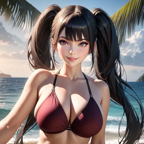 a woman wearing a burgundy beach bikini, burgundy eyes, black hair, long hair, pigtails, big breasts, smiling, standing on the b...