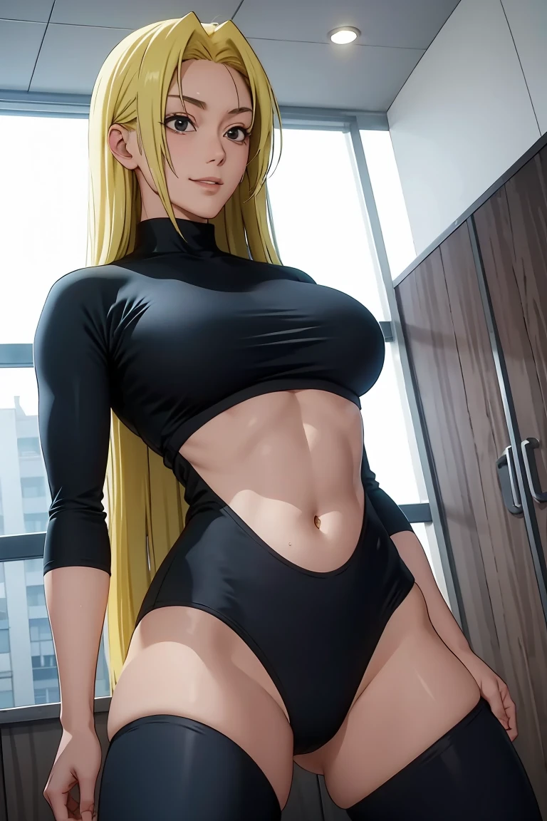 Yuki tsukumo from jujutsu kaisen, long hair, blonde hair, long belly, big , tight body, front view detailed body , bodysuit, looking at viewer, cowboy shot , gym, squat, indoors, smile, blush, wet, heavy breath 