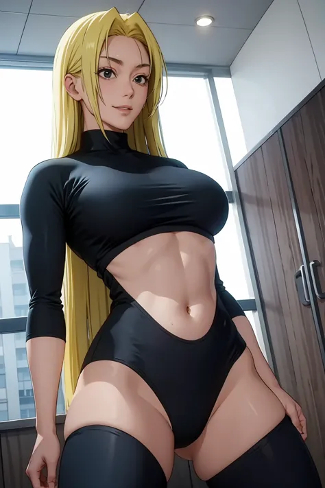 yuki tsukumo from jujutsu kaisen, long hair, blonde hair, long belly, big , tight body, front view detailed body , bodysuit, loo...