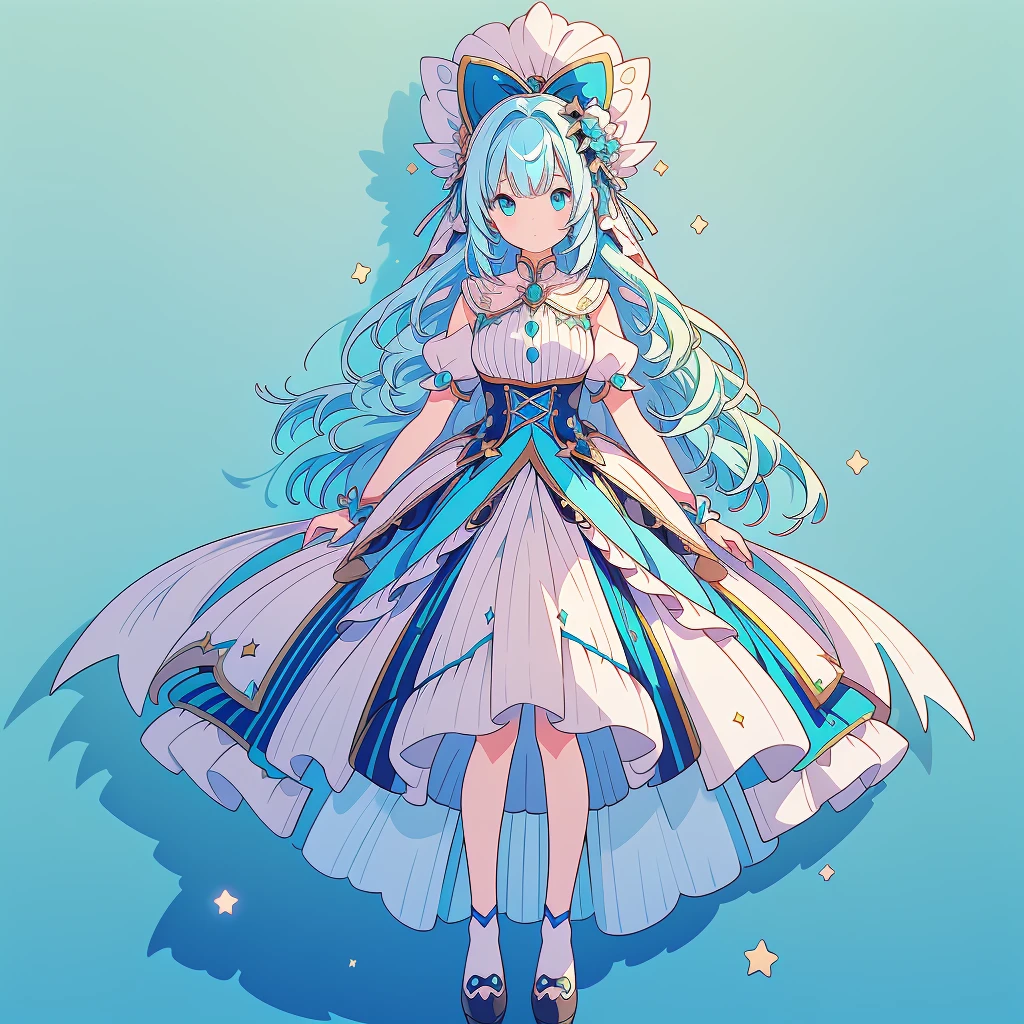 1girl、Star Fairy、Star incarnation、Character design front view、A picture facing the viewer、(((Super detailed、Highest quality、Masterpiece)))、Original cute hairstyle、Milky white and blue hair color、Simple Green Background、vtuber-fullbody,Alice、