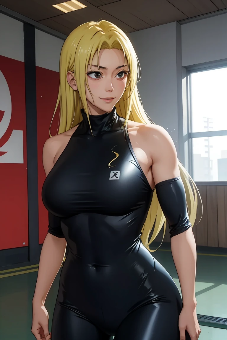 Yuki tsukumo from jujutsu kaisen, long hair, blonde hair, long belly, big , tight body , bodysuit, looking at viewer, cowboy shot , gym, squat, indoors, smile, blush, wet, heavy breath 