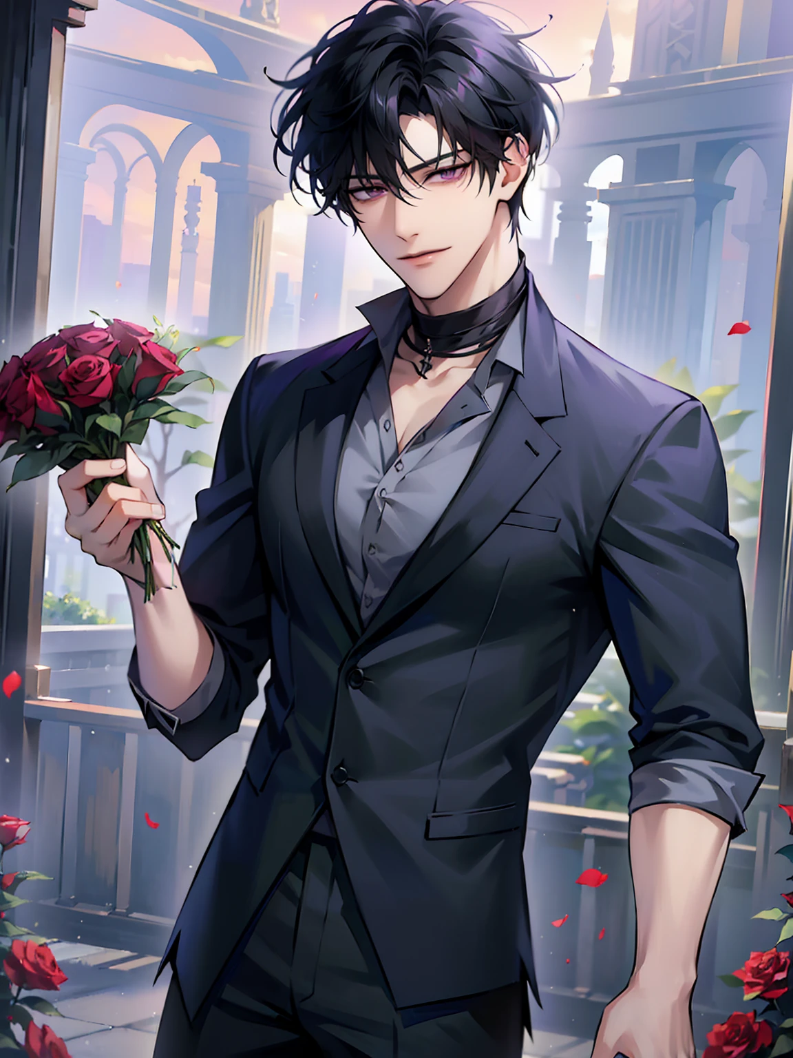 (masterpiece, 8k, high quality, best quality:1.6), 1boy, solo, short hair, black hair, asymmetrical fringe, purple eyes, handsome, sharp eyes, (mature male, mature:1.2), male focus, fashionable, tucked in open purple collared shirt, gray pants, necklace, outdoors, meadow, flowery field, smile, long eyelashes, soft shadows, perfect anatomy, holding a bouqet of red roses, spring season