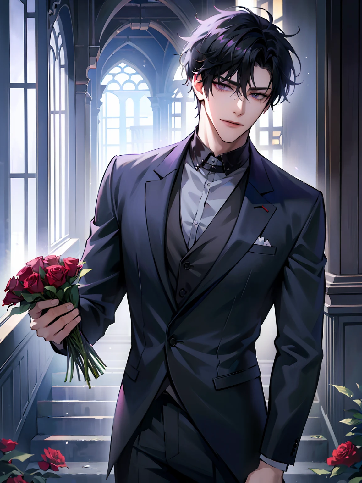 (masterpiece, 8k, high quality, best quality:1.6), 1boy, solo, short hair, black hair, asymmetrical fringe, purple eyes, handsome, sharp eyes, (mature male, mature:1.2), male focus, fashionable, tucked in open purple collared shirt, gray pants, necklace, outdoors, meadow, flowery field, smile, long eyelashes, soft shadows, perfect anatomy, holding a bouqet of red roses, spring season