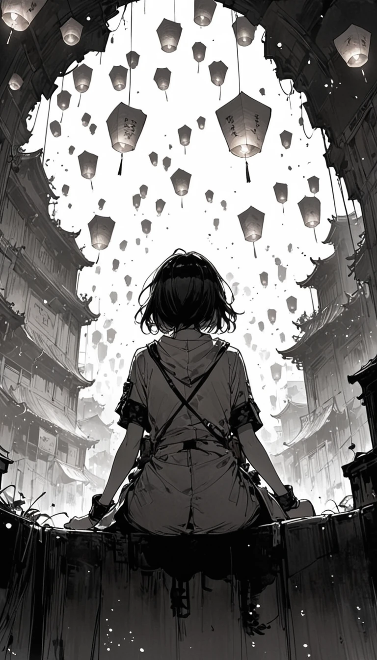 (Ashley Wood (Ashley Wood) style of:1.1), 
1 Girl,Spread your knees apart，Bring your feet together,?,large areas of white space,sit,At the bottom of the screen,(look up:1.5),from the side,Look up,comics,，Wishing paper lanterns in the sky