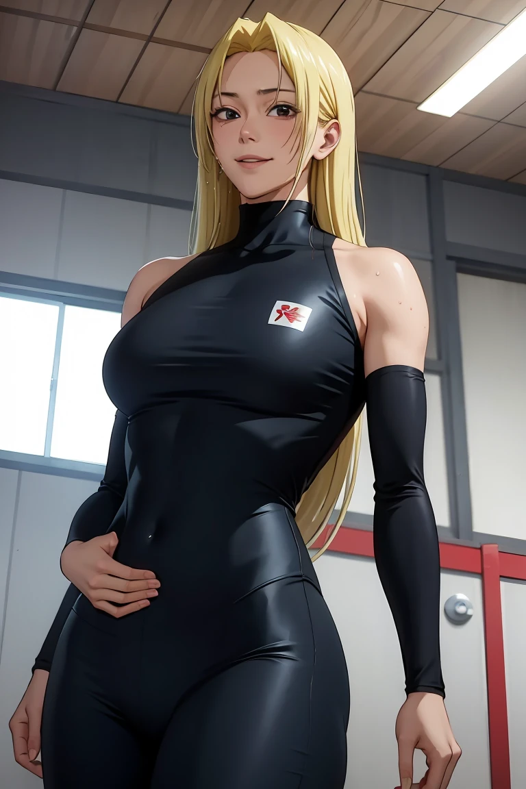 Yuki tsukumo from jujutsu kaisen, long hair, blonde hair, long belly, big , tight body , bodysuit, looking at viewer, cowboy shot , gym, squat, indoors, smile, blush, wet, heavy breath 