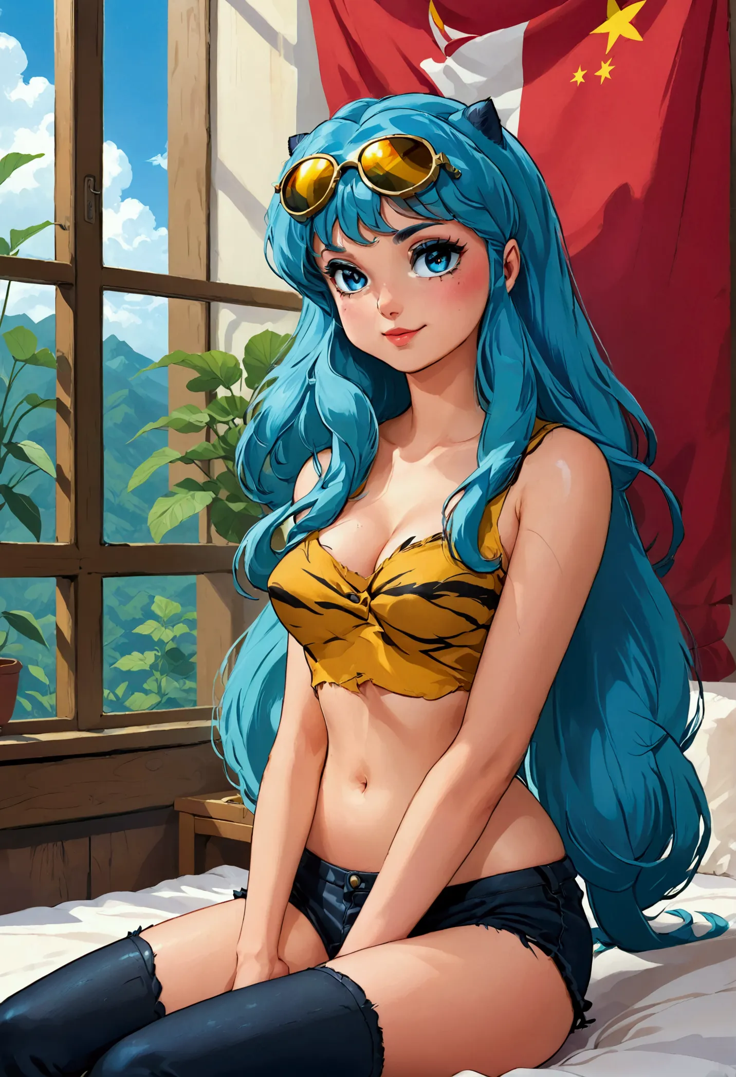 score_9, score_8_up, score_7_up, 1980's style, retro, source anime, flat color, illustration. lum, long hair, blue hair, blue ey...