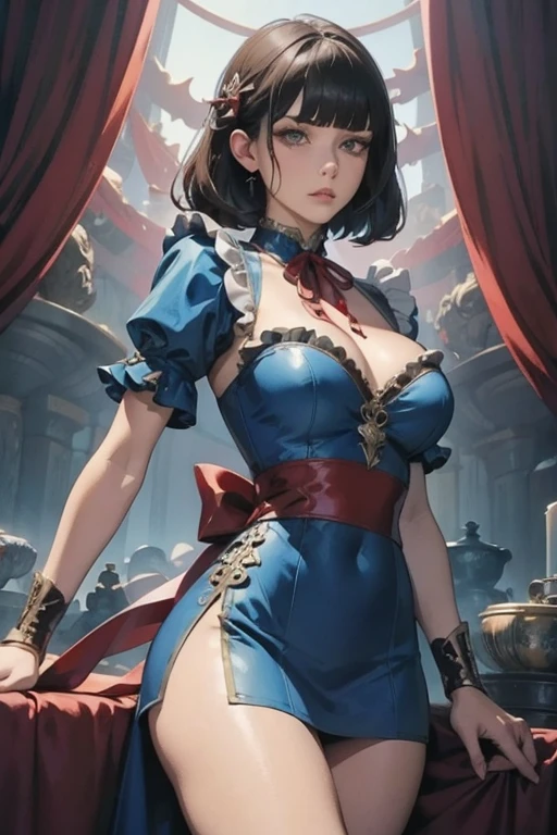 11 eleven, work of art, best qualityer, ultra detali, Beautiful detailed, (((extreme detailed face))), (((blunt bangs))), (((big ruffles and ribbon))), mournful look, ( ((short tunic to the thighs))), shoulder length black hair, eyes browns, fine lips, Round face, big breasts with cleavage, waist long, 1.67m by 46kg, standing chained in the dungeon ((chains on hands and neck)) dramatic scene