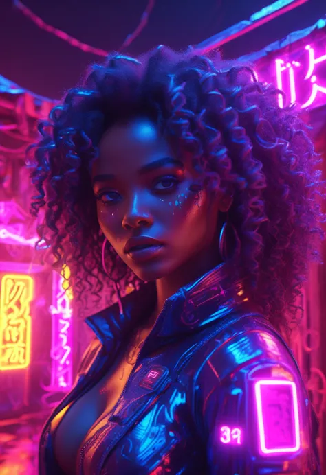 standing next to an african-style hut lit with cyberpunk neon lights、beautiful black woman with curly hair, neon lights illumina...