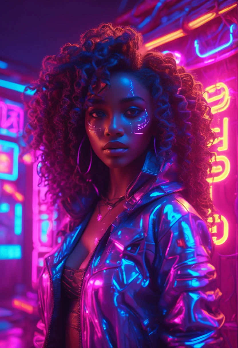 De pie junto a una cabaña de estilo africano iluminada con luces de neón cyberpunk、Hermosa mujer negra con pelo rizado, Luces de neón iluminan la escena, por la noche, arte ciberpunk, 32k, ultra alta definición, Representación de motor irreal, Iluminación de cine 