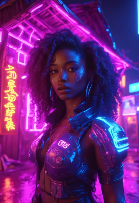 standing next to an african-style hut lit with cyberpunk neon lights、beautiful black woman with curly hair, neon lights illumina...