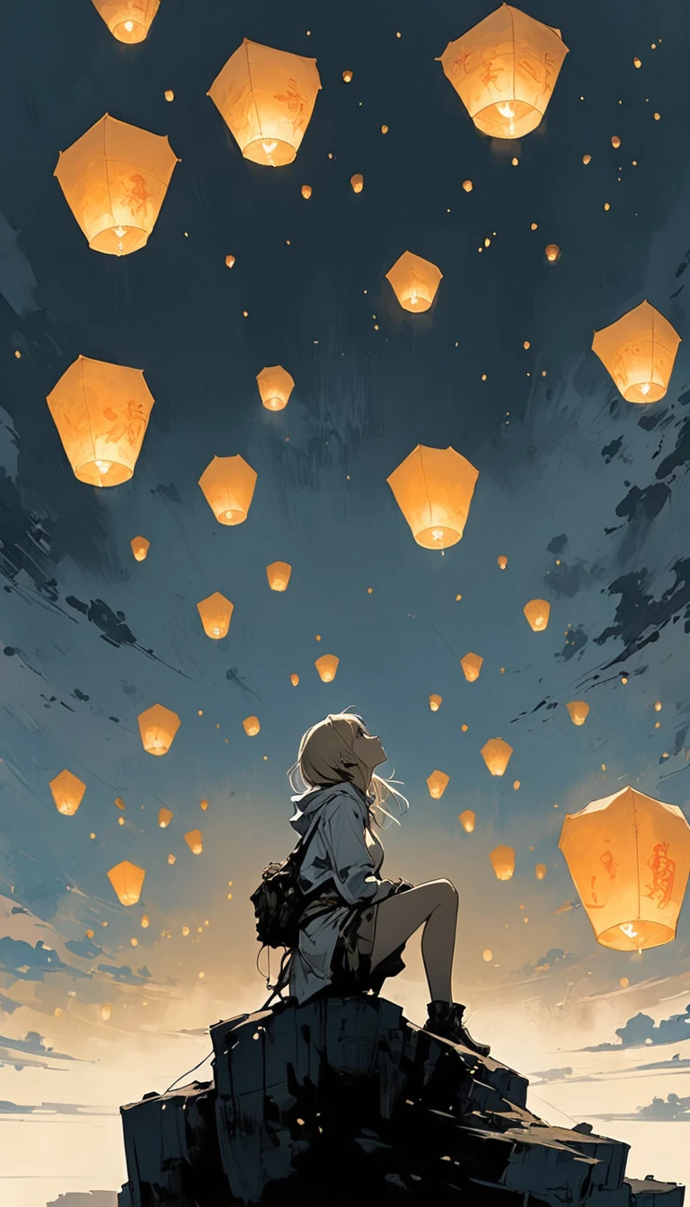 (Ashley Wood (Ashley Wood) style of:1.1), 
Girl on the cliff 1,Spread your knees apart，Bring your feet together,?,large areas of white space,sit,At the bottom of the screen,(look up:1.5),from the side,Look up,comics,，Wishing paper lanterns in the sky