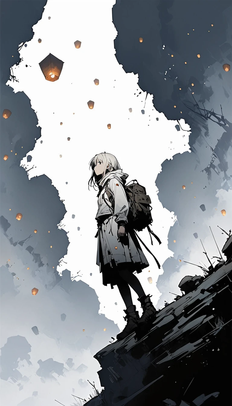 (Ashley Wood (Ashley Wood) style of:1.1), 
Girl on the cliff 1,Spread your knees apart，Bring your feet together,?,large areas of white space,sit,At the bottom of the screen,(look up:1.5),from the side,Look up,comics,，Wishing paper lanterns in the sky