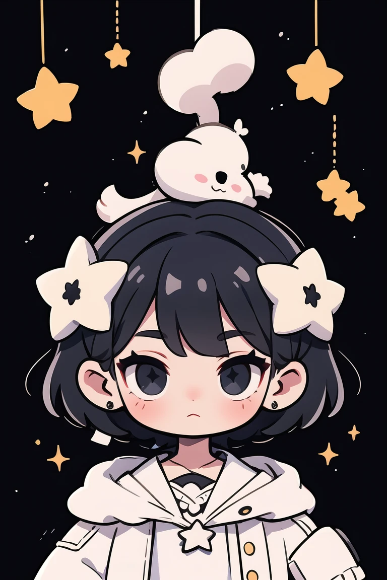 Girl with short black starry hair and white clothes with star details, black eyes