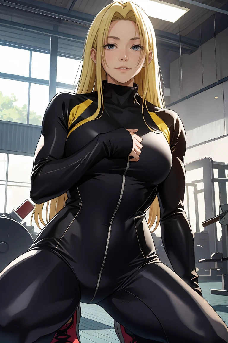 Yuki tsukumo from jujutsu kaisen, long hair, blonde hair, long belly, big , tight body , bodysuit, looking at viewer, cowboy shot , gym, squat, indoors, smile, blush, wet, heavy breath 