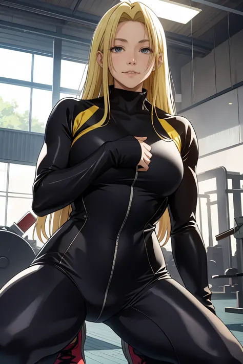 yuki tsukumo from jujutsu kaisen, long hair, blonde hair, long belly, big , tight body , bodysuit, looking at viewer, cowboy sho...