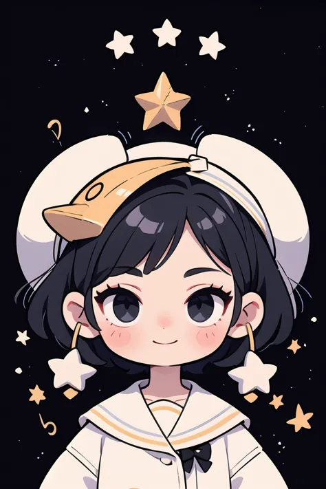 girl with short black starry hair and white clothes with star details, black eyes, happy expression