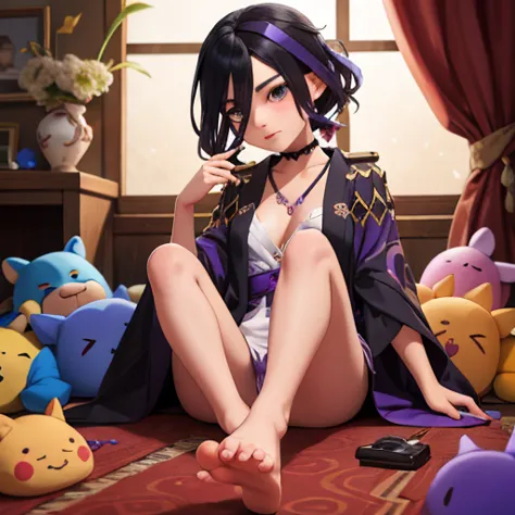 At the pleasure room, my sweet vampire girl (15-years-old, black and purple hair,) is sitting over the plushes, with a half take...