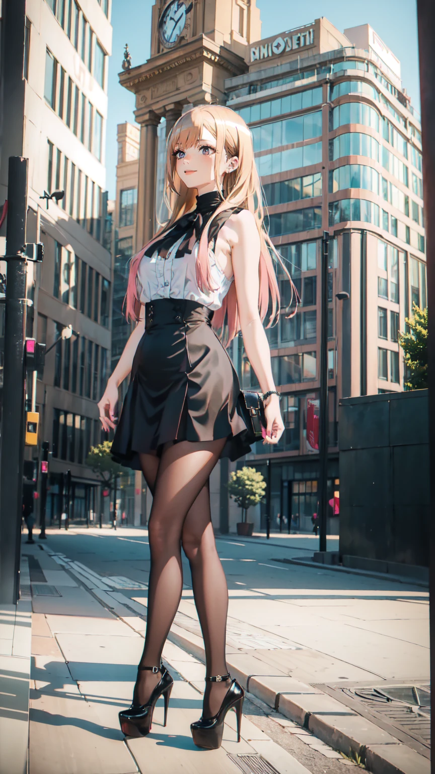 ((masterpiece, high resolution, better quality, better details)), ((Marin Kitagawa)), ((Smiling)), ((one girl)) a girl modeling standing in the city, mini skirt, blouse, ((big neckline)), ((platform high heels)), pink eyes with black outline, (light blonde hair, straight hair, straight bangs, long hair)), long nails, pink nails, (((curvy body))), shiny skin, ((side view)), solo, bare shoulders, full body, focus full body, high heels, ((black stockings)),