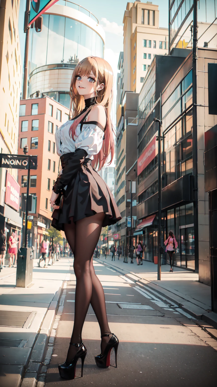 ((masterpiece, high resolution, better quality, better details)), ((Marin Kitagawa)), ((Smiling)), ((one girl)) a girl modeling standing in the city, mini skirt, blouse, ((big neckline)), ((platform high heels)), pink eyes with black outline, (light blonde hair, straight hair, straight bangs, long hair)), long nails, pink nails, (((curvy body))), shiny skin, ((side view)), solo, bare shoulders, full body, focus full body, high heels, ((black stockings)),